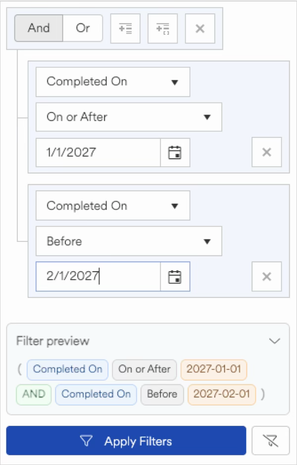 Filter options for date range selection in a task management interface.